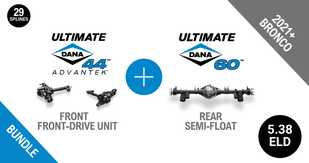 Bronco 5.38 Gear Ratio Bundle: Ultimate Dana 44™ AdvanTEK® Front Drive Unit ELD - 29 Spline (UD44FBRO538ELD29) + Semi-Float Ultimate Dana 60™ Rear ELD (SF-L60BR538E-69) - NON-RETURNABLE